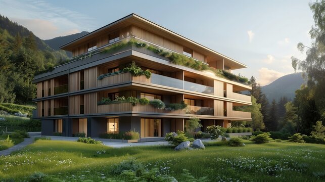 a photorealistic 3D render of a modern  residential building 