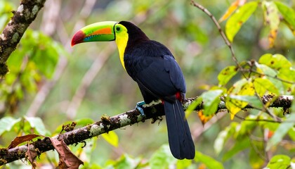 Vibrant toucan perched gracefully on a branch amidst lush foliage, showcasing its striking colors and detailed plumage.