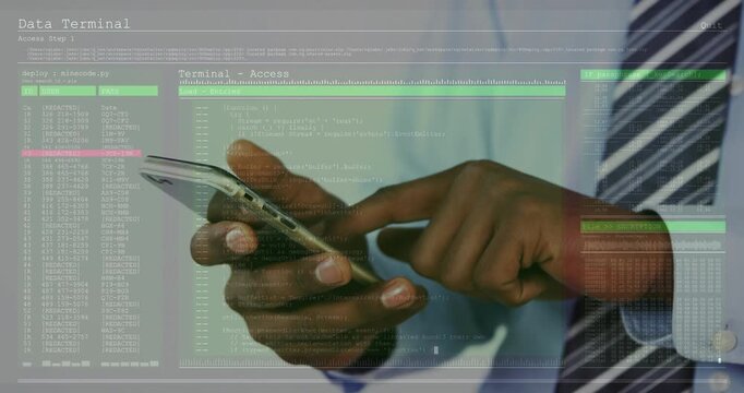 IT pro tapping phone and navigating transparent data terminal interface for reviewing code logs