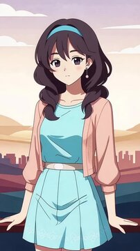 Cheerful girl in turquoise dress and pink cardigan against sunset cityscape