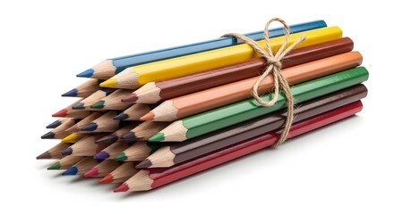 Fototapeta premium A bundle of sharpened colored pencils tied together with twine on a white background