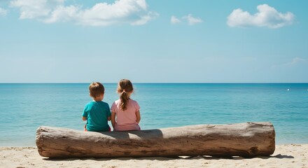Children relaxing on beach log