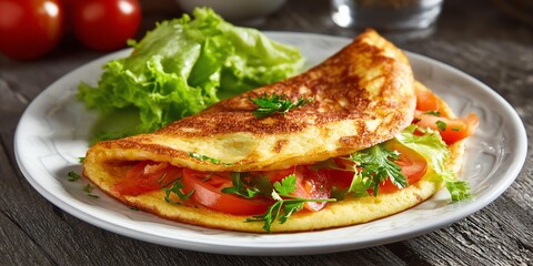 Delicious freshly cooked omelette with vibrant vegetables and herbs perfect for a healthy breakfast or nutritious meal appealing culinary presentation