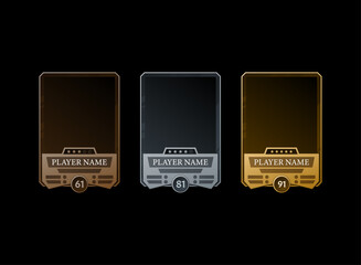 set of fantasy rustic trading card game or sports template with player stats identity in bronze, silver and gold tier rank