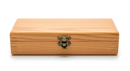 Simple natural wood box with metal clasp on a white background