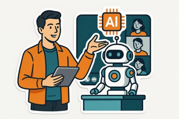 Engaging presentation of a man discussing artificial intelligence advancements with a friendly robot companion facilitating a virtual meeting environment illustrating modern technological