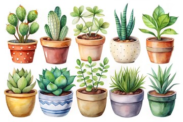 Watercolor Potted Plants Collection Cacti and Succulents for Home Decor