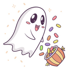 Adorable ghost with funny expressions floating above candies pastel tone modern flat vector,
Cute floating ghost vector,
Funny Halloween ghost,
Ghost with sweets illustration

