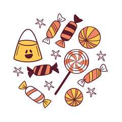 Collection of Halloween candies and sweets arranged in a circular pattern with bright colors in flat vector style,
Halloween candy circle,
bright sweet treats vector,
flat candy design collection

