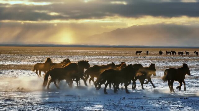 Herd of wild horses running on snowy plains at sunset