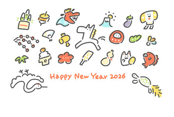 白馬と正月の縁起物の手描きのかわいい和風年賀状　2026・富士山・鶴亀・松竹梅