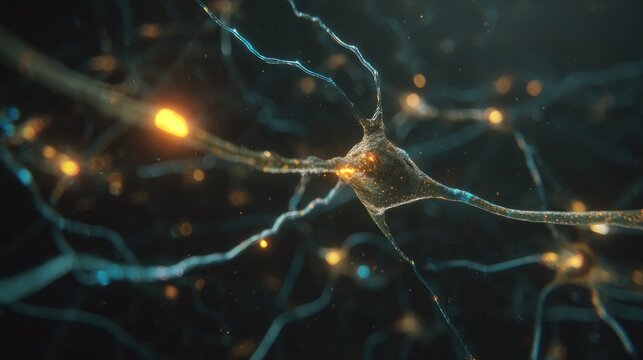 Close-up of neuron cells firing, with glowing connections and intricate web-like structures against a dark background - Powered by Adobe