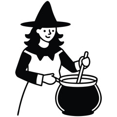 witch stirring pot line art vector icon