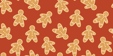 Christmas gingerbread cookies seamless pattern. Gingerbread man. Traditional xmas biscuits. Homemade sweets for winter festive holidays. Children's treat. Vector background, wallpaper, wrapping paper.