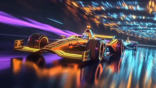 Exhilarating racing action featuring sleek cars moving at high speed through vibrant, illuminated tracks in a futuristic setting