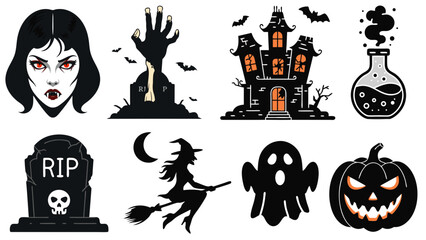 Collection of Halloween Icons Featuring Vampires, Haunted Houses, and Ghostly Elements.