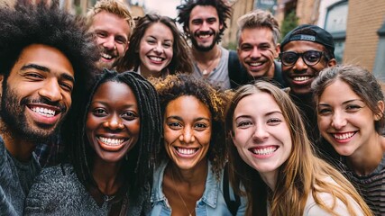 A diverse group of friends poses happily outdoors in a city environment, showcasing joyful expressions and camaraderie