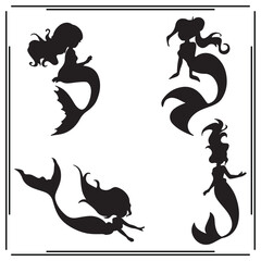 Silhouette of Mermaids in Various Poses - Black and White Fantasy Icons - Vector Illustration for Ocean Life, Mythology, and Fantasy Projects