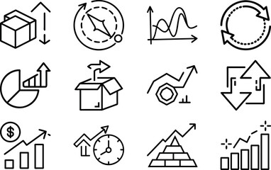 Business Growth Line Icons Set – Finance, Analytics, Investment, Marketing, Data Chart, Strategy, Profit, Economy, Startup, Graph Symbol Pack, Vector Illustration