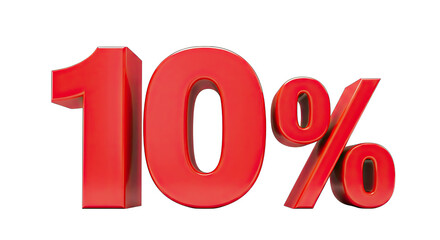 Bold red 10 percent symbol 3d rendering with deep shadow for promotional use