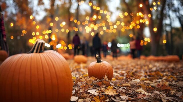 Families enjoy a lively autumn festival atmosphere as pumpkins decorate the ground under twinkling string lights in a park filled with colorful leaves