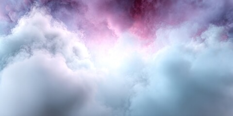Fototapeta premium Ethereal sky view, soft white clouds meet a vibrant pink-purple sky with central, bright light