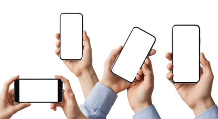 Four hands holding smartphones with blank white screens in various orientations isolated on a transparent background