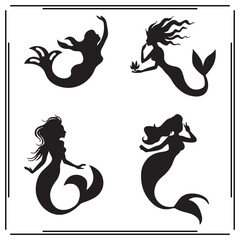 Silhouette of Mermaids in Various Poses - Black and White Fantasy Icons - Vector Illustration for Ocean Life, Mythology, and Fantasy Projects