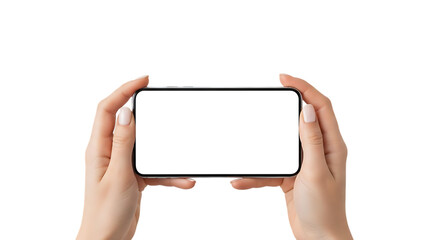 Woman's hands holding a modern smartphone horizontally with a blank white screen isolated on a transparent background