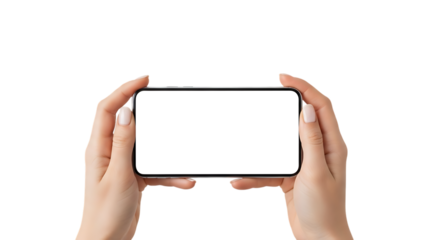 Woman's hands holding a modern smartphone horizontally with a blank white screen isolated on a transparent background