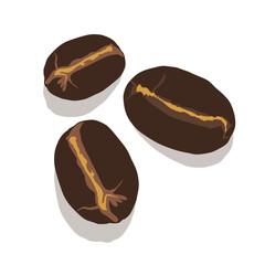 Three dark roasted coffee beans with a distinctive central groove, ready for grinding and brewing delicious espresso or coffee.