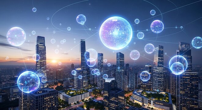 Cityscape network connection technology communication digital future innovation urban buildings skyline - Powered by Adobe