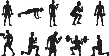 Set of Solid Black Male Workout Silhouettes Isolated on White