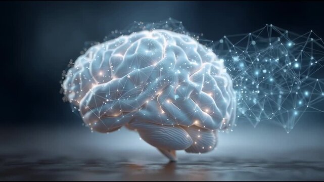 A 3D model of a glowing brain with neurons and mind impulses. Artifical intelligence model, chat bot. 