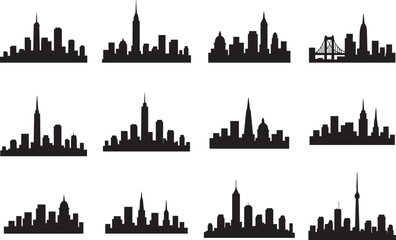 Obraz premium Collection of Solid Black Urban Skyline Silhouettes in Various Positions