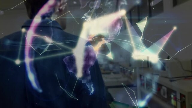 Lab technician adjusting gauge, network shapes forming rotating globe, twisting connector into port