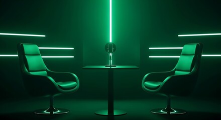 Two modern armchairs face each other across a table with a microphone in a dark room illuminated by green neon lights
