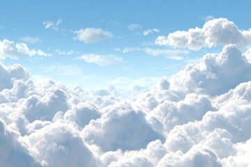 Fluffy cumulus clouds fill the sky under a bright blue expanse, creating a dreamy, aerial vista