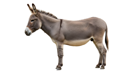 Gray donkey with white muzzle and dark stripes on legs and back isolated on a transparent background
