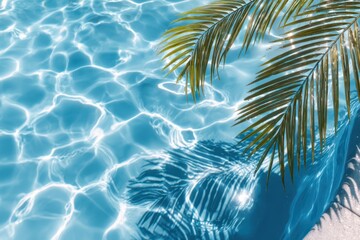 Sunny water with palm fronds creating shadows near pool's edge