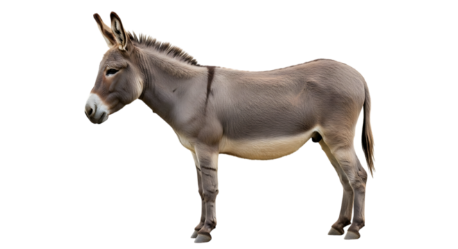 Gray donkey with white muzzle and dark stripes on legs and back isolated on a transparent background