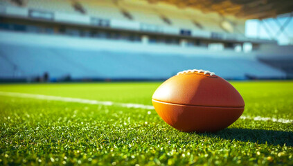 A football lying on a green grass field during a sports game