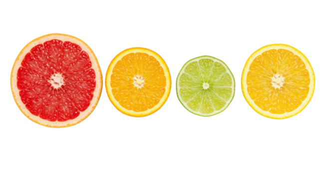Sliced red grapefruit, yellow pomelo, orange, green lime, sunny lemon, on white background, high-key top-down, concept of vibrant natural health