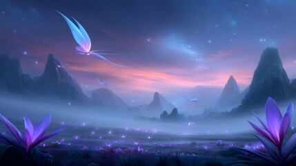 Enchanting evening flight of ethereal creatures over misty landscape fantasy realm digital art serene environment dreamlike view