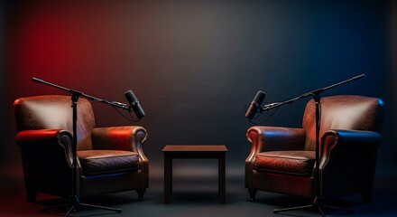 Two armchairs and microphones set up for an interview or podcast in a studio
