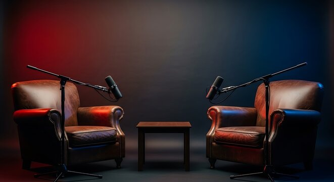 Two armchairs and microphones set up for an interview or podcast in a studio