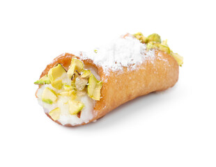 One delicious cannoli with ricotta cheese, pistachios and powdered sugar isolated on white