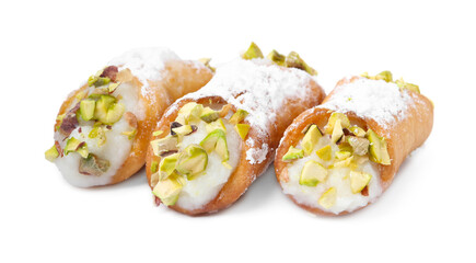 Delicious cannoli with ricotta cheese, pistachios and powdered sugar isolated on white