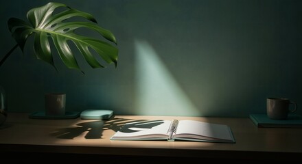 Warm golden light illuminating a vintage camera and stack of aged papers on a scratched teal wooden surface