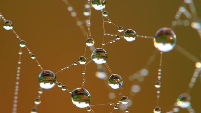 Macro photograph of glistening dew drops adorning a delicate spider web, reflecting the warm ambient light of a soft orange and brown background